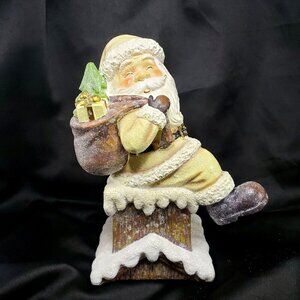 Vintage Tan Santa Claus Figurine With Gift Sack On Snowy Base Resin 10.25" Tall